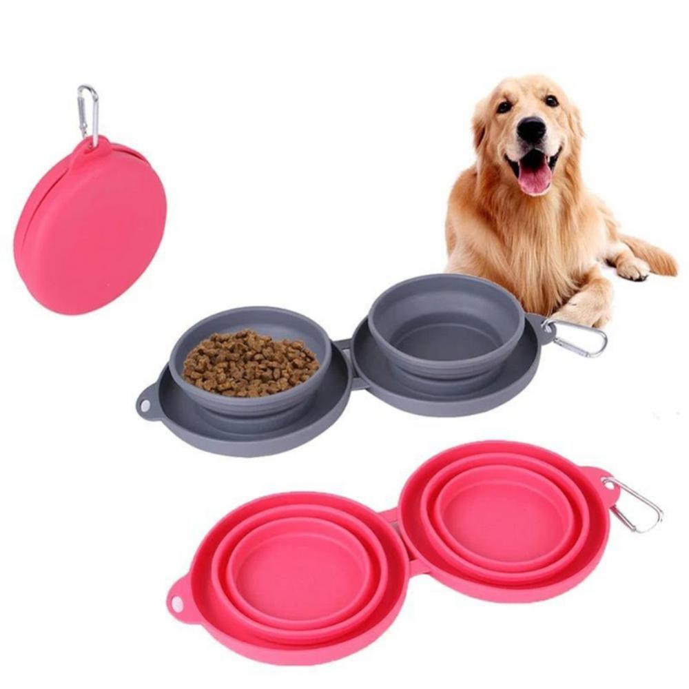 Rubber Foldable Double Bowl Pet Feeding Bowl Pets Supplies Dog Cat Bowls - Silver Streak Goods