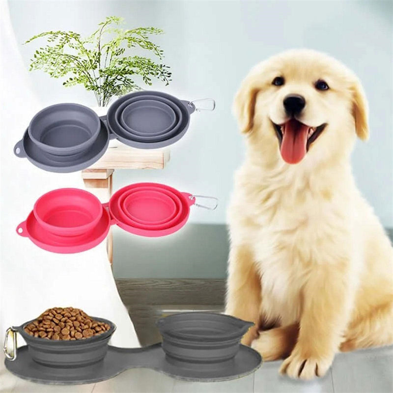 Rubber Foldable Double Bowl Pet Feeding Bowl Pets Supplies Dog Cat Bowls - Silver Streak Goods